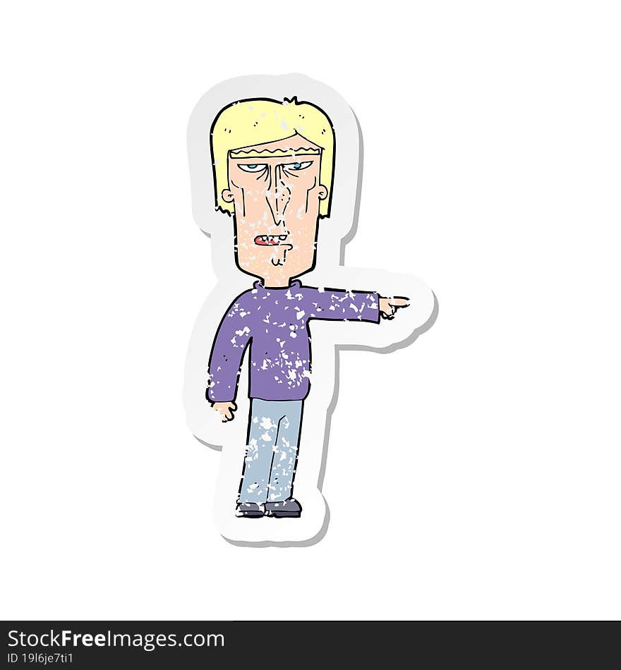 retro distressed sticker of a cartoon pointing man