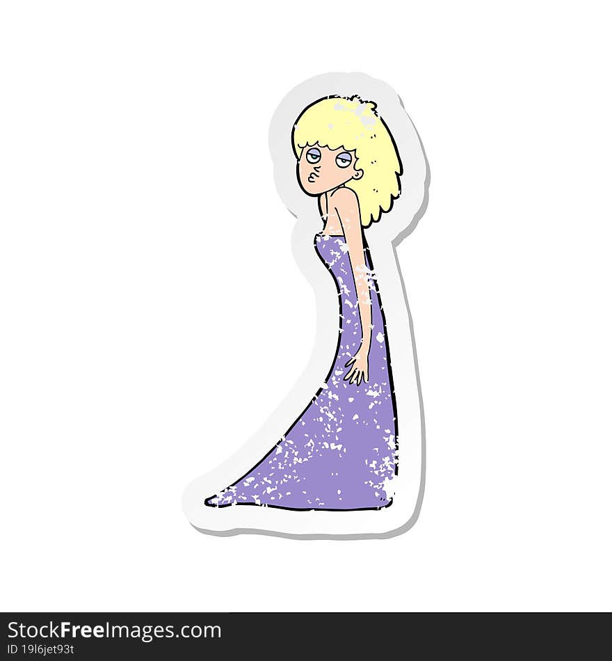 retro distressed sticker of a cartoon woman pulling photo face