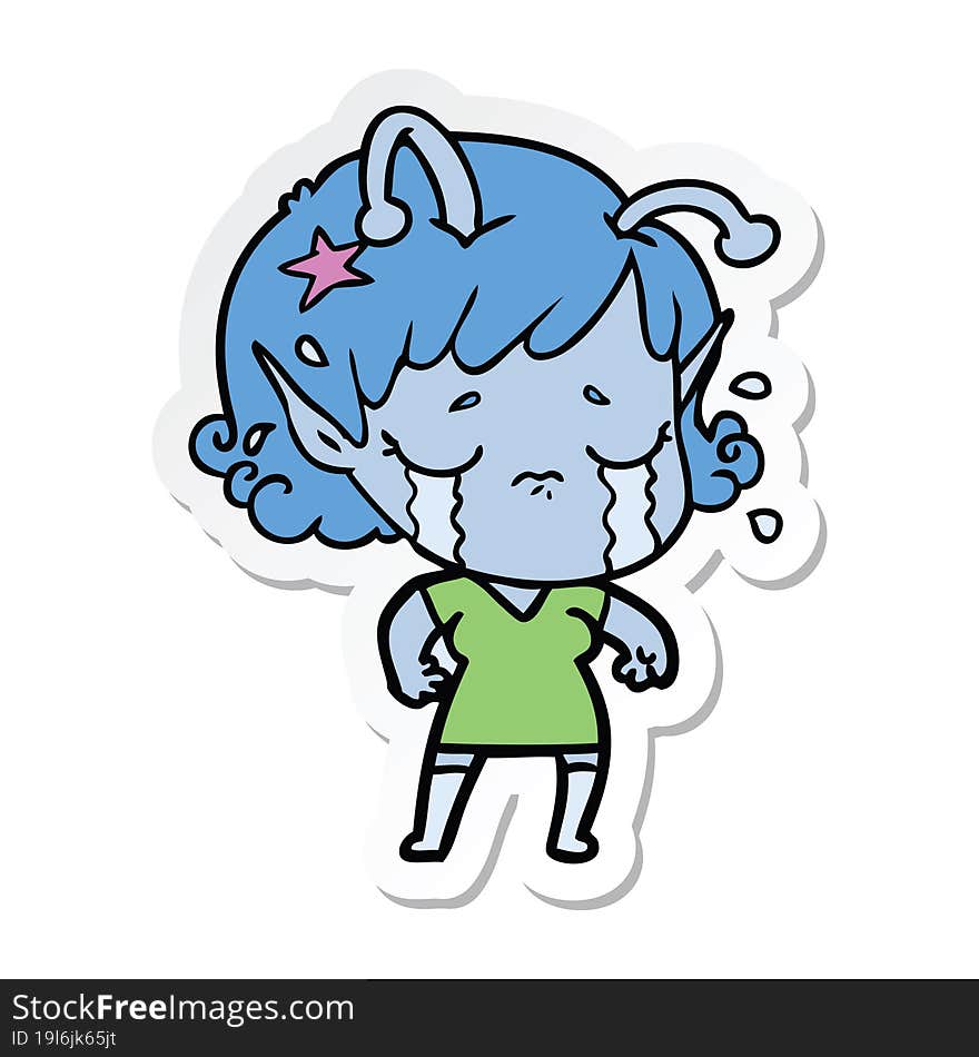 sticker of a cartoon crying alien girl