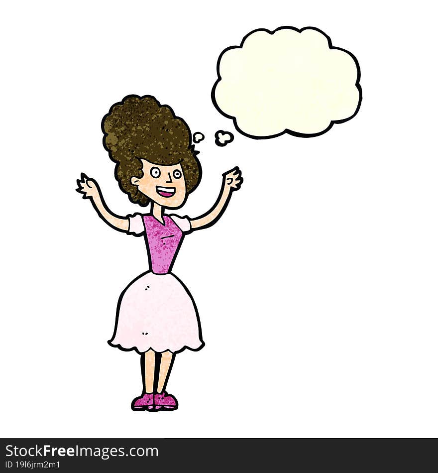 cartoon happy 1950 s woman with thought bubble