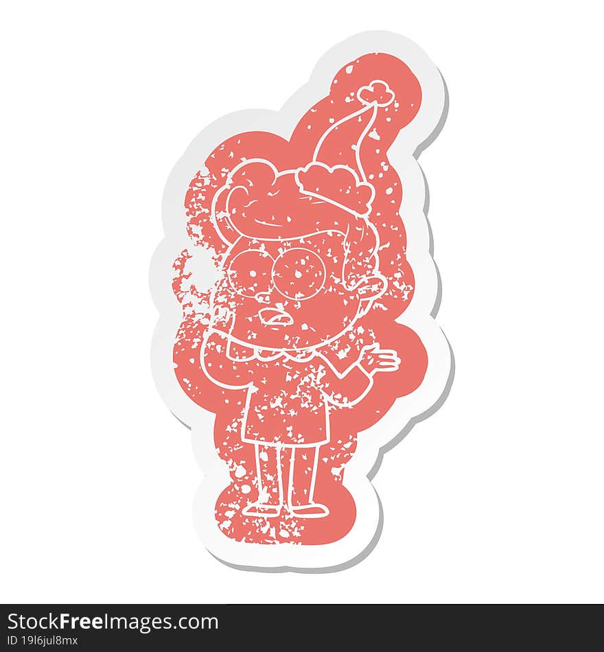 quirky cartoon distressed sticker of a staring man wearing santa hat