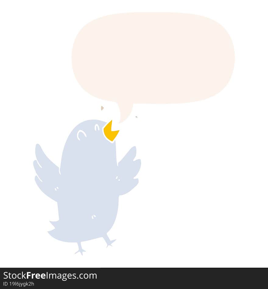 cartoon bird singing with speech bubble in retro style