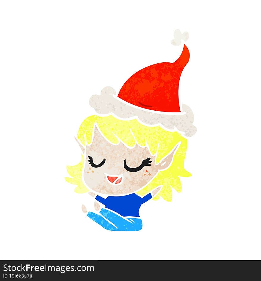 happy retro cartoon of a elf girl sitting wearing santa hat