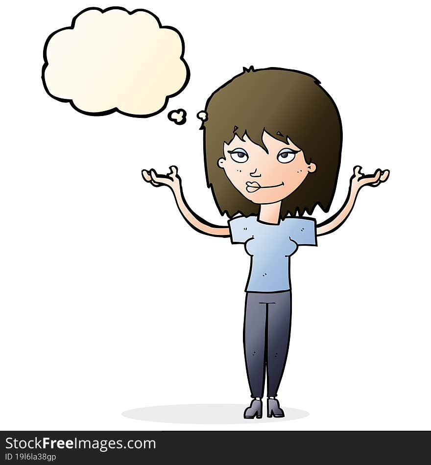 cartoon woman shrugging with thought bubble