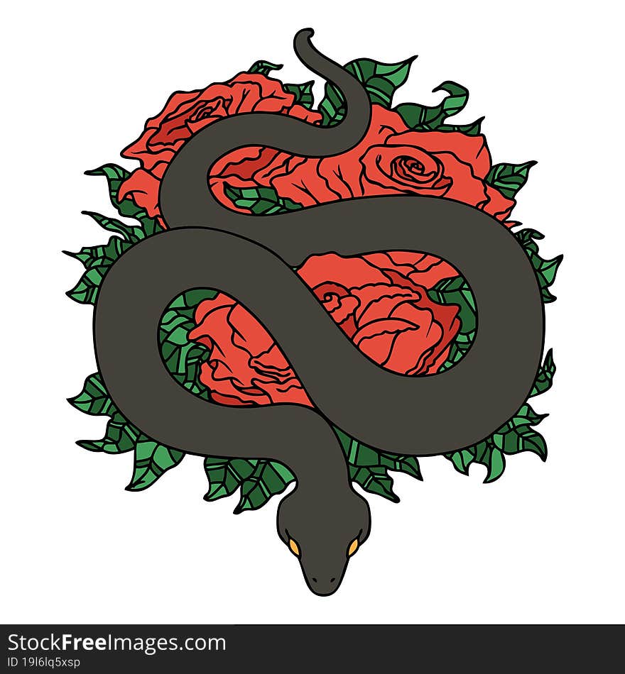 traditional tattoo of a snake and roses