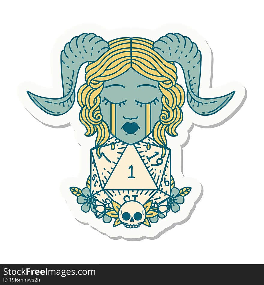 crying tiefling with natural one D20 dice roll sticker