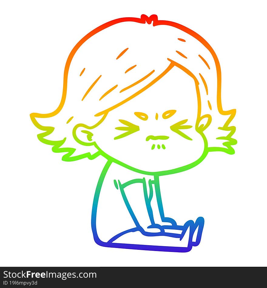 rainbow gradient line drawing of a cartoon angry girl