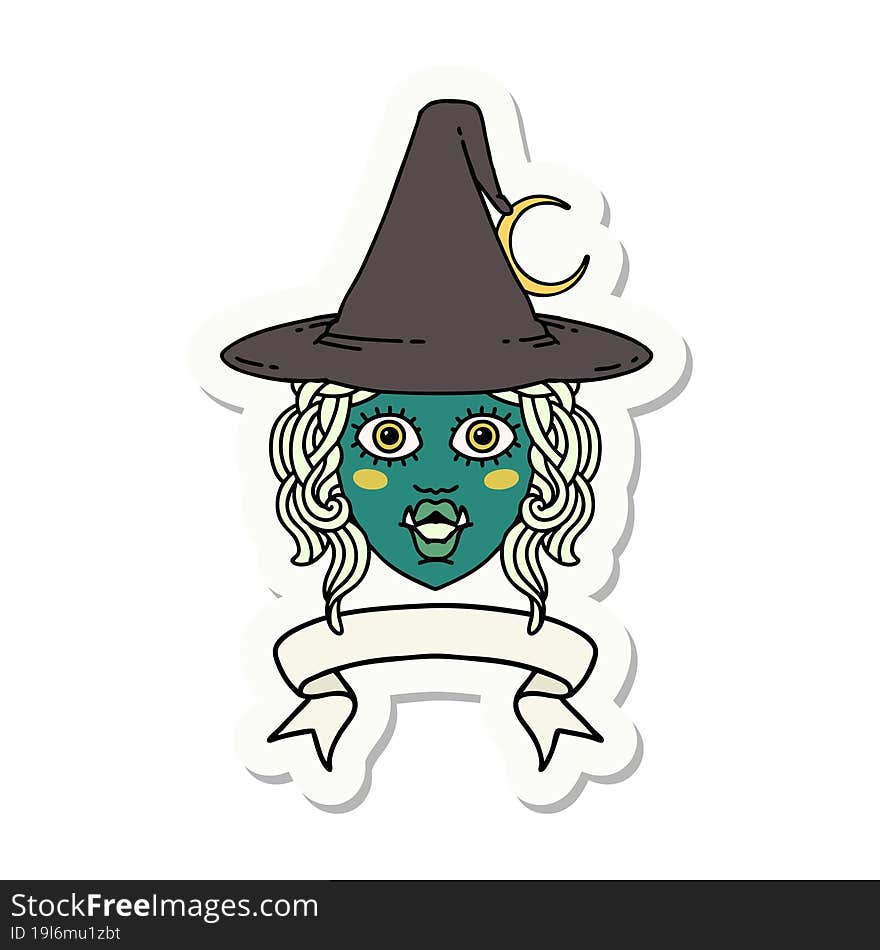 half orc witch character face with banner sticker