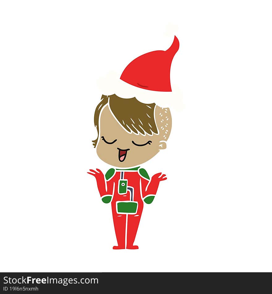 happy hand drawn flat color illustration of a girl in space suit wearing santa hat