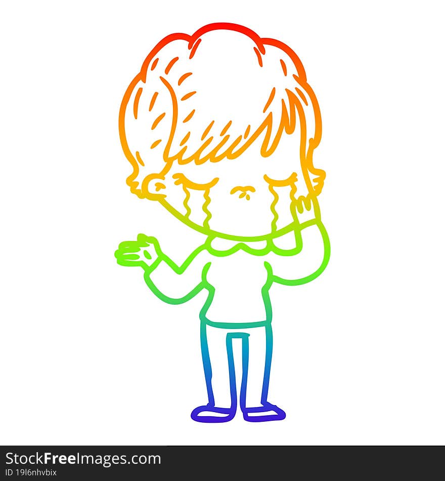 rainbow gradient line drawing of a cartoon woman crying