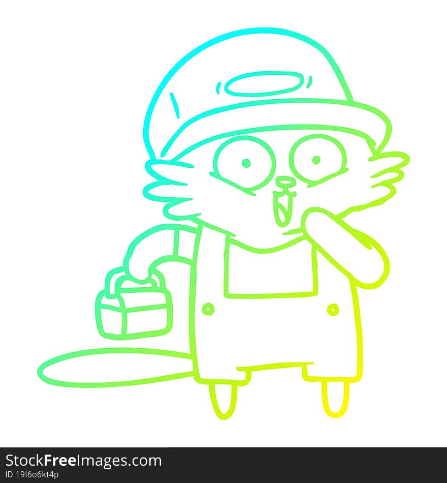 cold gradient line drawing of a cartoon cat builder stopping for lunch