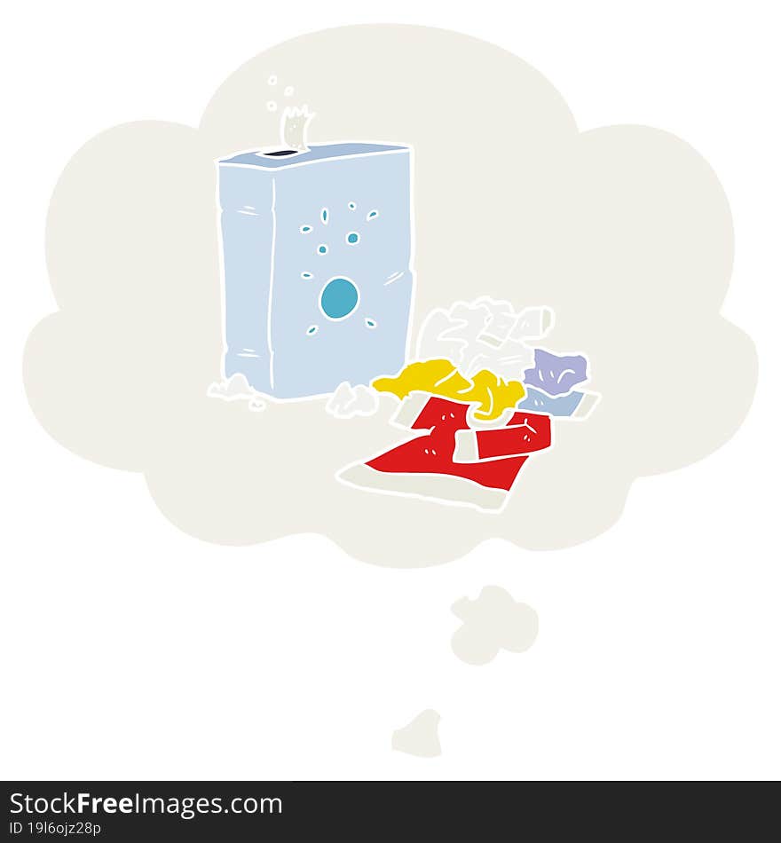 cartoon washing powder and laundry and thought bubble in retro style