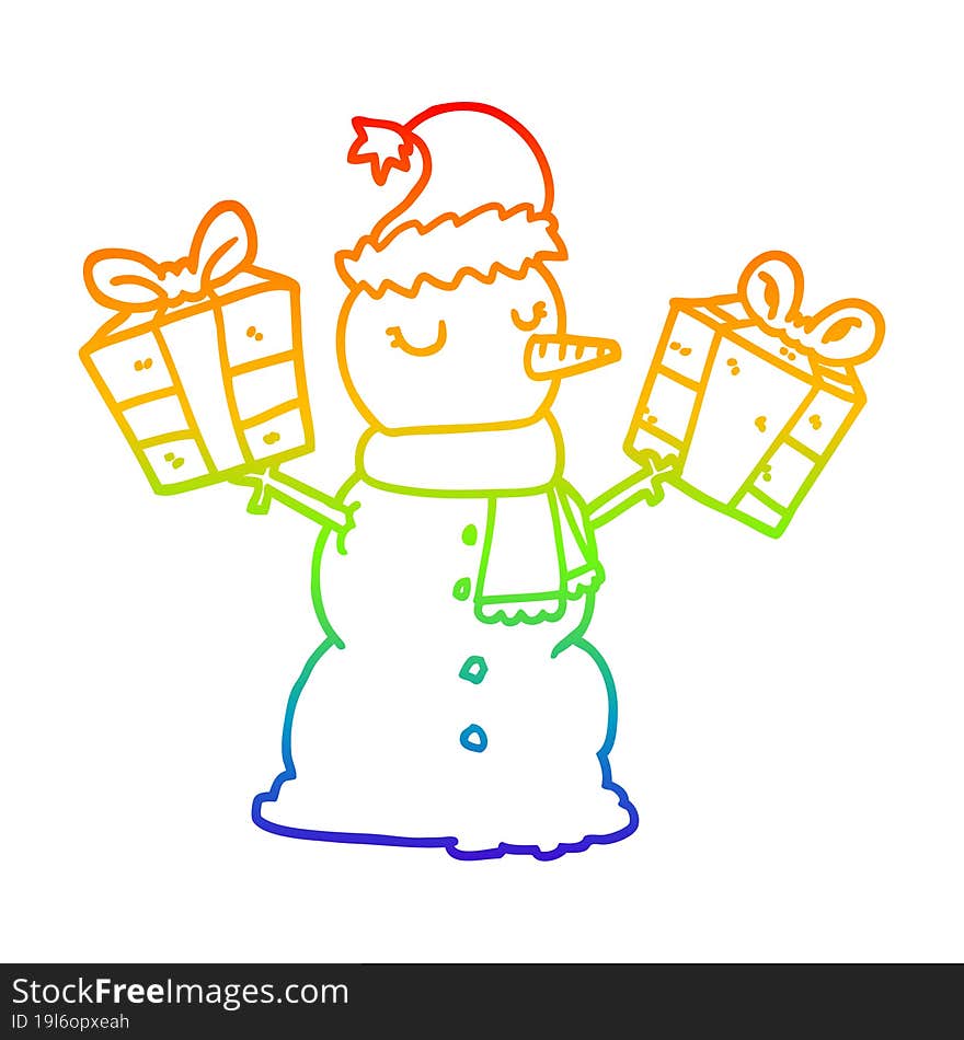 rainbow gradient line drawing of a cartoon snowman