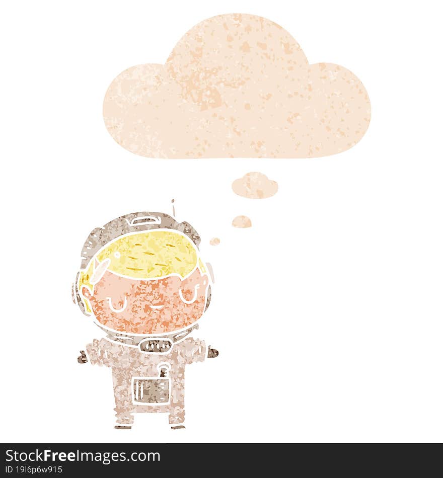 cartoon astronaut with thought bubble in grunge distressed retro textured style. cartoon astronaut with thought bubble in grunge distressed retro textured style