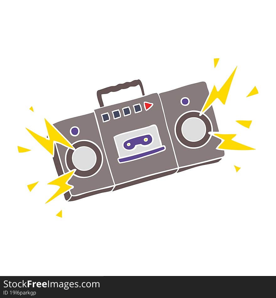 retro flat color style cartoon tape cassette player blasting out old rock tunes