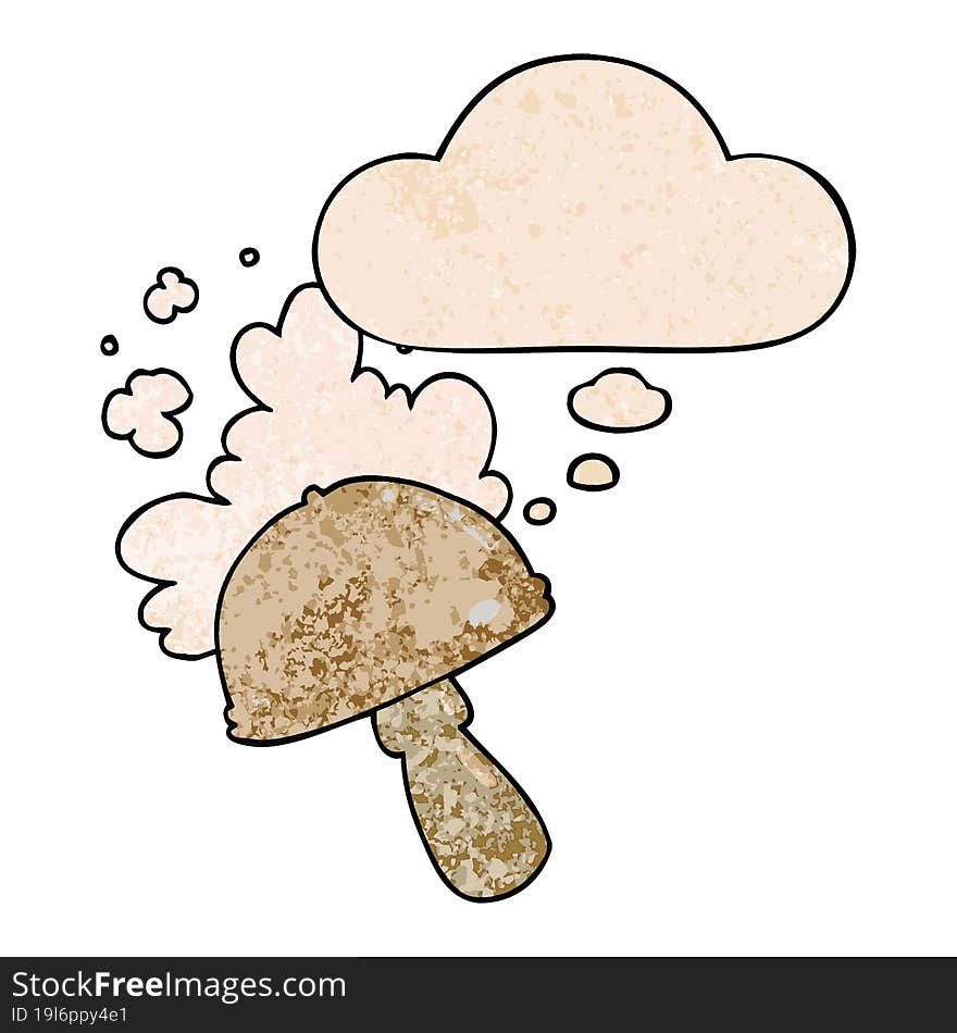 cartoon mushroom with spore cloud with thought bubble in grunge texture style. cartoon mushroom with spore cloud with thought bubble in grunge texture style