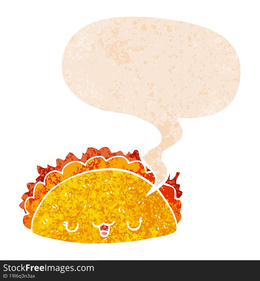 Cartoon Taco And Speech Bubble In Retro Textured Style