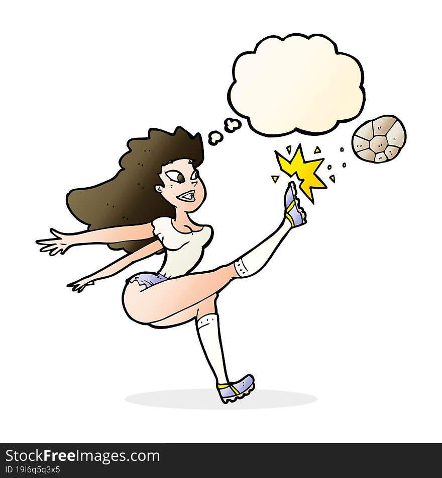 cartoon female soccer player kicking ball with thought bubble