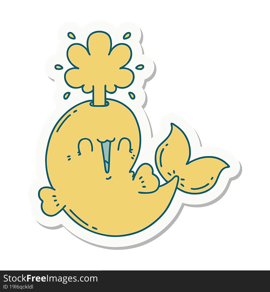 sticker of tattoo style happy squirting whale character