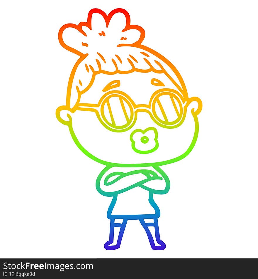 rainbow gradient line drawing of a cartoon woman wearing spectacles