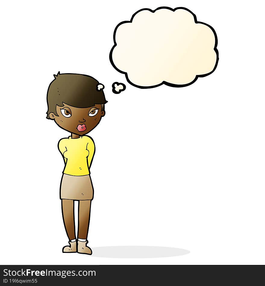 cartoon shy woman with thought bubble