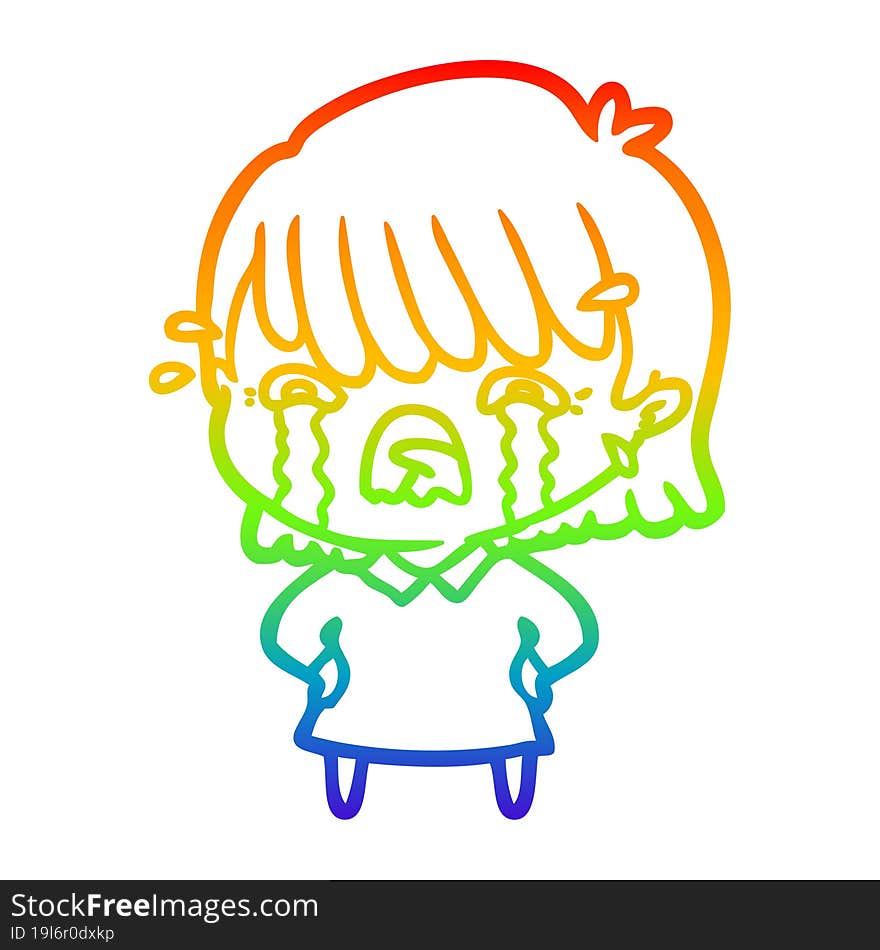 rainbow gradient line drawing of a cartoon girl crying