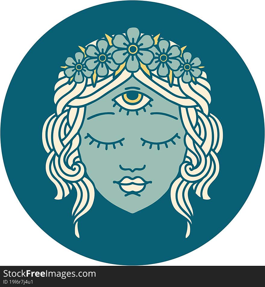 iconic tattoo style image of female face with third eye and crown of flowers. iconic tattoo style image of female face with third eye and crown of flowers