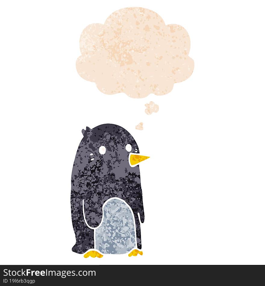 cartoon penguin and thought bubble in retro textured style