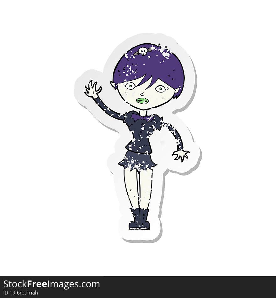 retro distressed sticker of a cartoon vampire girl waving