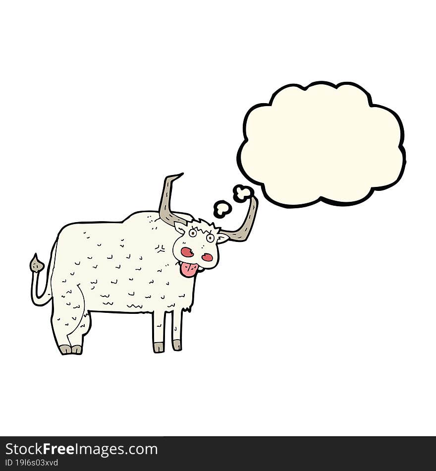 cartoon hairy cow with thought bubble