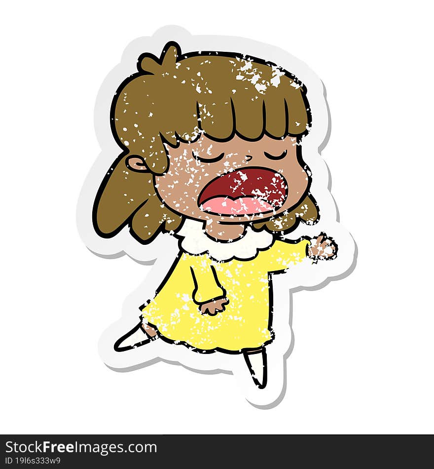 distressed sticker of a cartoon woman talking loudly