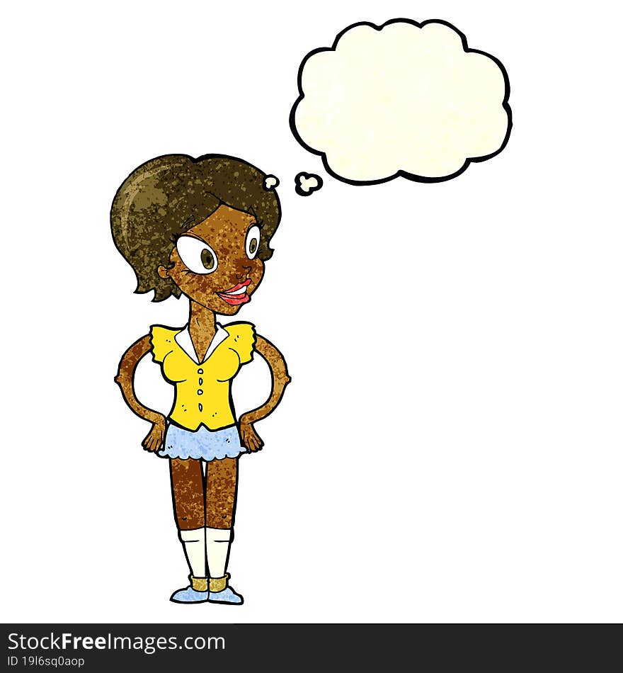 cartoon happy woman in short skirt with thought bubble