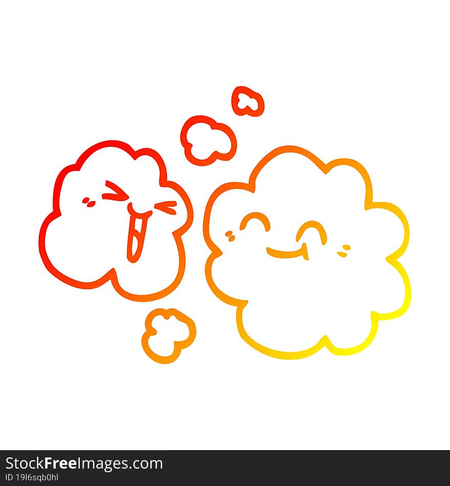 warm gradient line drawing of a cartoon white happy clouds