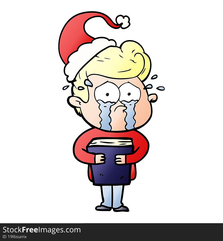 gradient cartoon of a crying man holding book wearing santa hat