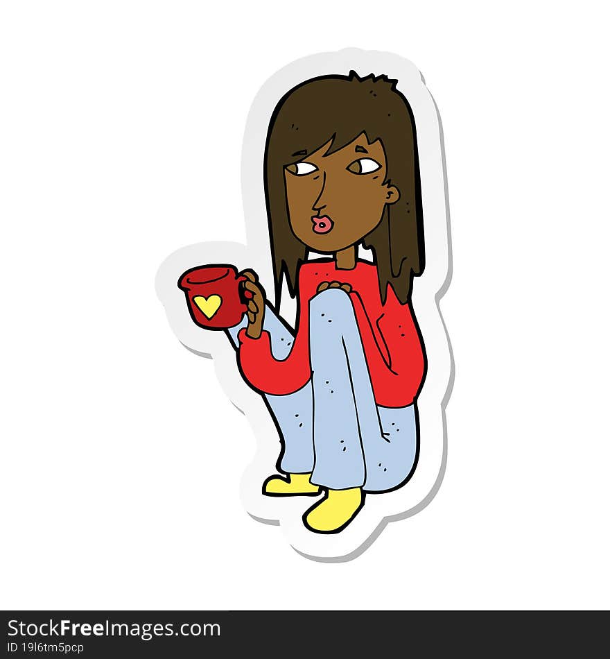 sticker of a cartoon woman sitting with cup of coffee