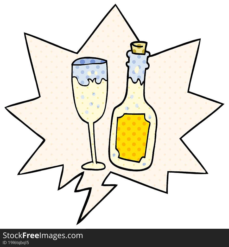 cartoon champagne bottle and glass and speech bubble in comic book style