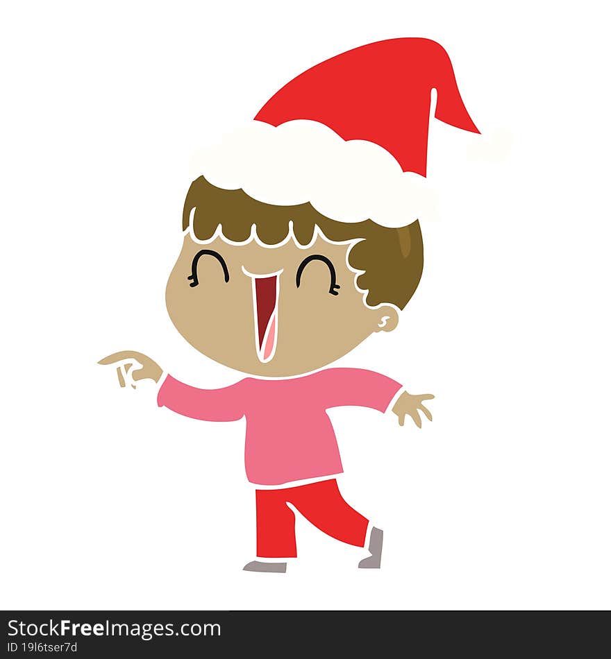 laughing hand drawn flat color illustration of a man pointing wearing santa hat