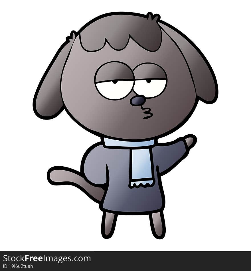 cartoon tired dog wearing winter clothes. cartoon tired dog wearing winter clothes