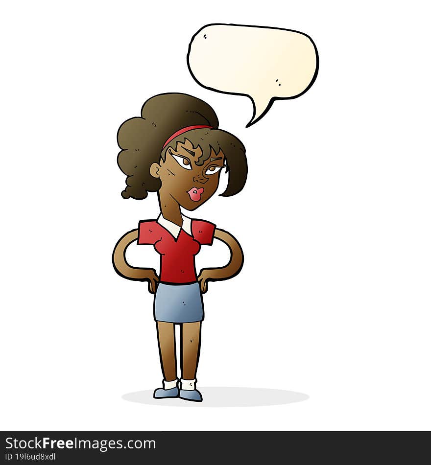 cartoon woman with hands on hips with speech bubble