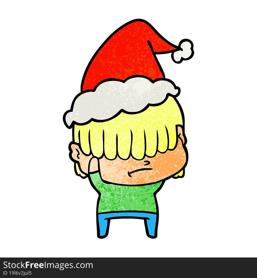 hand drawn textured cartoon of a boy with untidy hair wearing santa hat