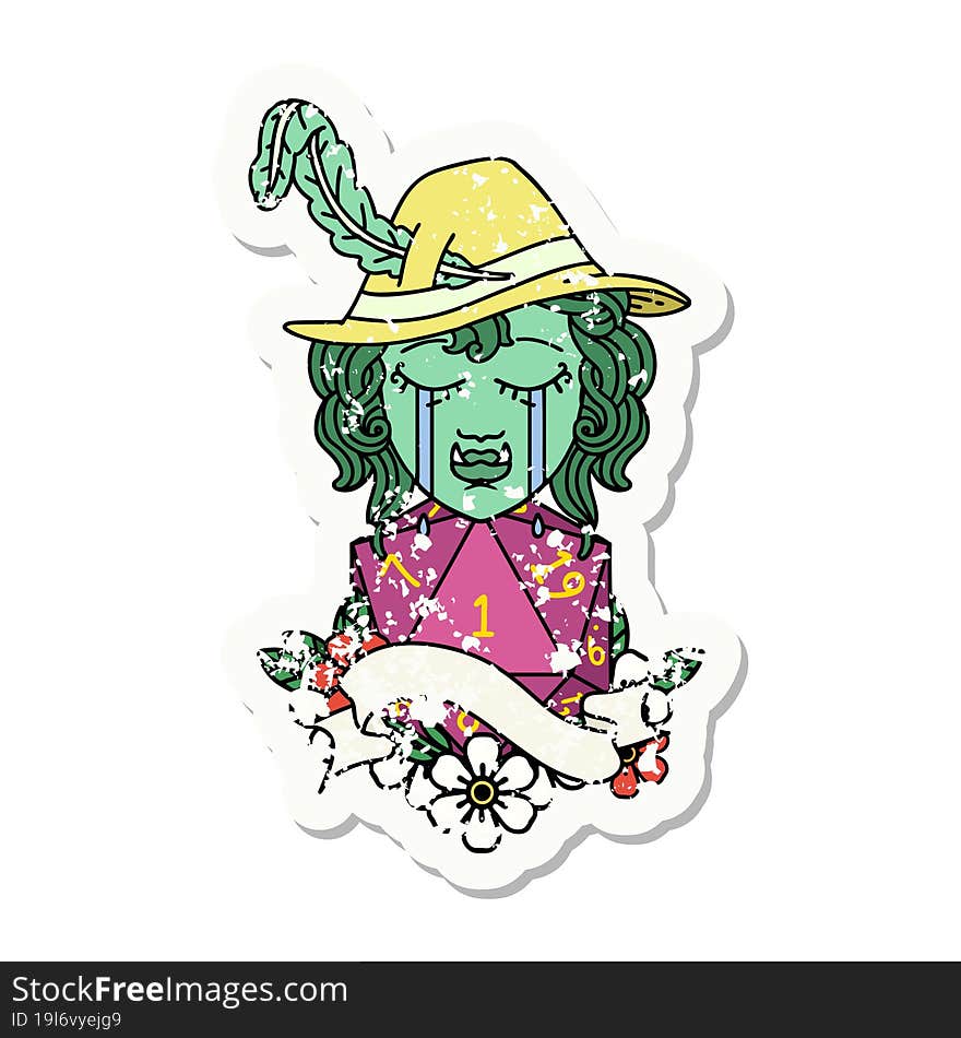 crying orc bard character with natural one D20 roll grunge sticker