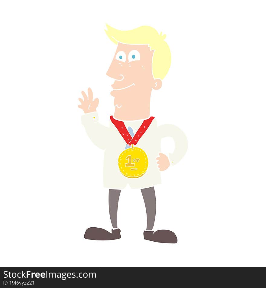 flat color illustration of a cartoon waving man with award