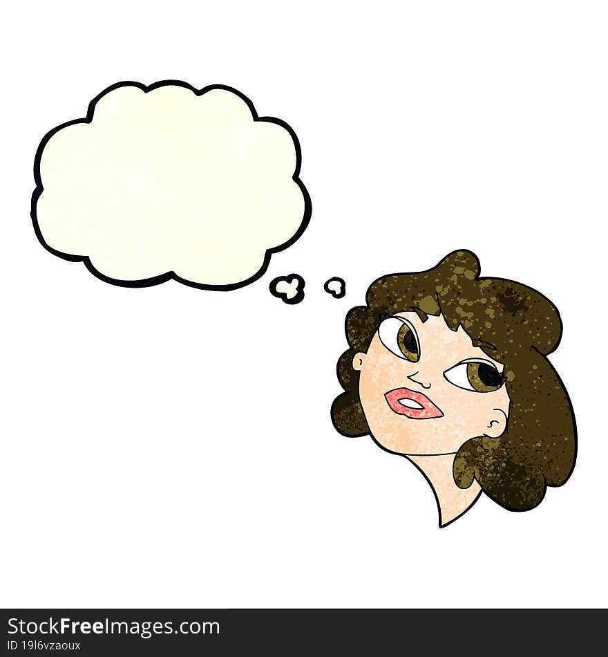 cartoon happy woman with thought bubble