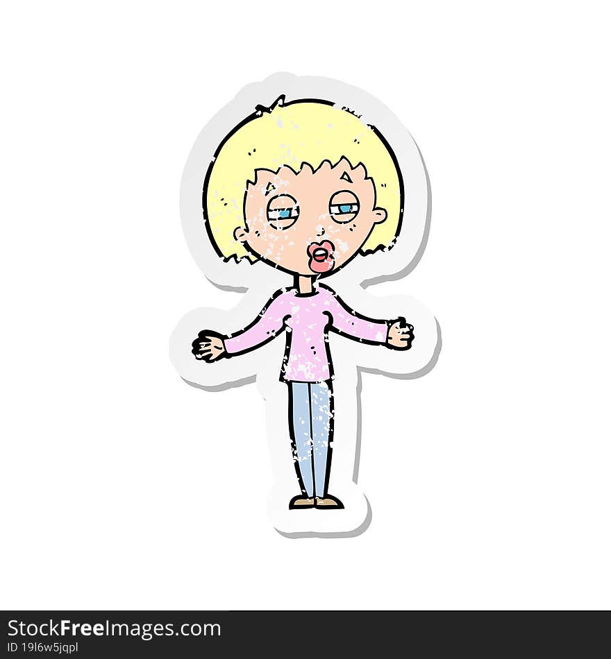 retro distressed sticker of a cartoon suspicious woman