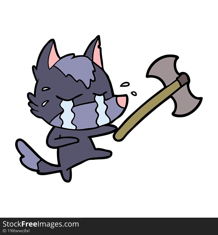 cartoon crying wolf throwing axe. cartoon crying wolf throwing axe