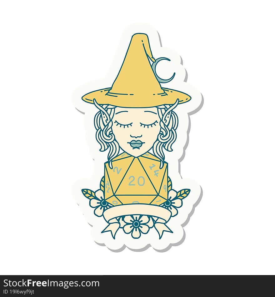 elf mage character with natural twenty dice roll sticker