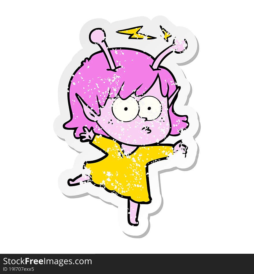 distressed sticker of a cartoon alien girl