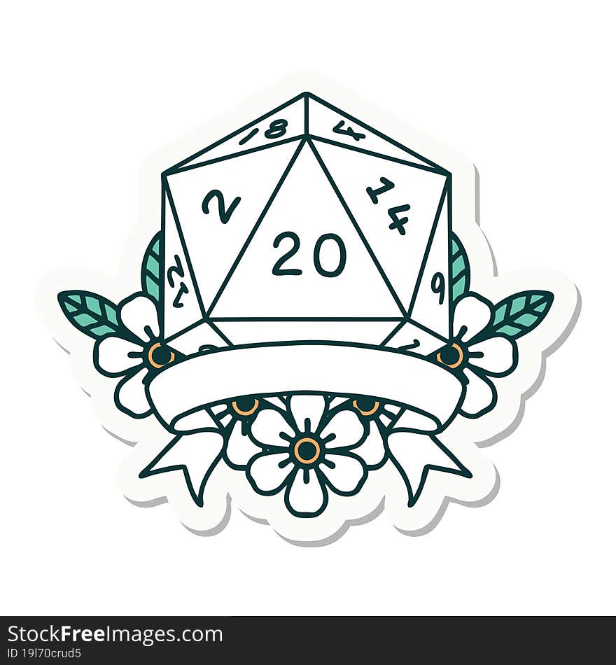 sticker of a natural 20 critical hit D20 dice roll. sticker of a natural 20 critical hit D20 dice roll