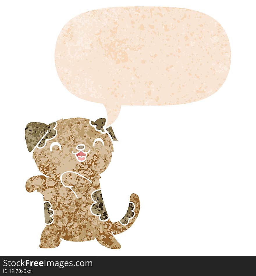 Cute Cartoon Puppy And Speech Bubble In Retro Textured Style