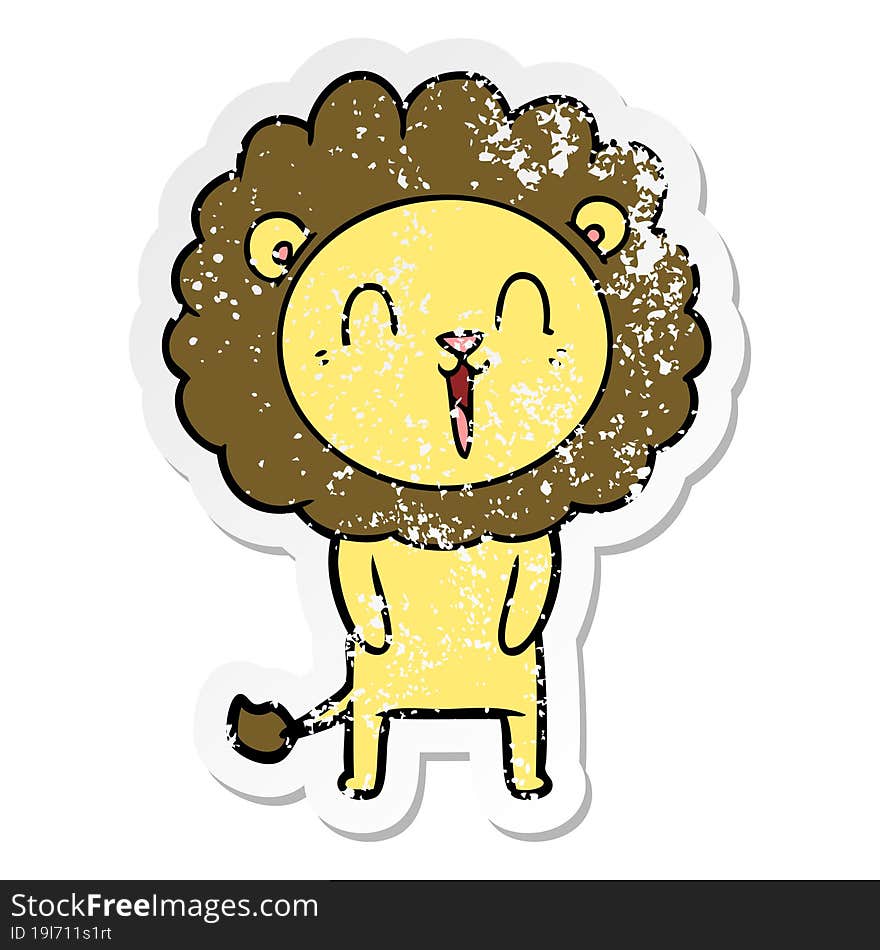 distressed sticker of a laughing lion cartoon